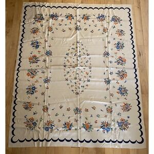 Vintage Mid-Century Tablecloth Flowers Floral Blue Orange 4'x5' Cottage Core
